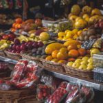 caixas com frutas em balcão de mercado