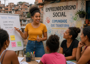 Empreendedores sociais em comunidade periférica liderando projeto de impacto social com moradores locais.