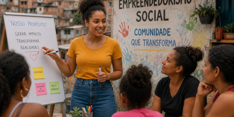 Empreendedores sociais em comunidade periférica liderando projeto de impacto social com moradores locais.